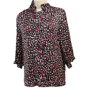 ❤️ JENNI MOORE INTIMATES sleep shirt pajama top buttons black white pink hearts